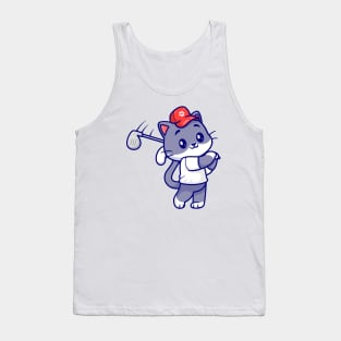 Cute Cat Playing Golf Cartoon Tank Top